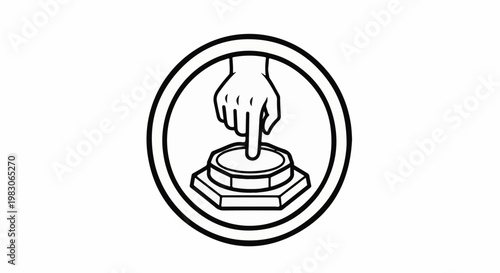 A simple black and white line drawing of a finger pressing a button
