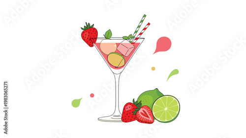 Refreshing cocktail in a martini glass garnished with strawberries and lime slices beside fresh ingredients on a plain white background for menu.
