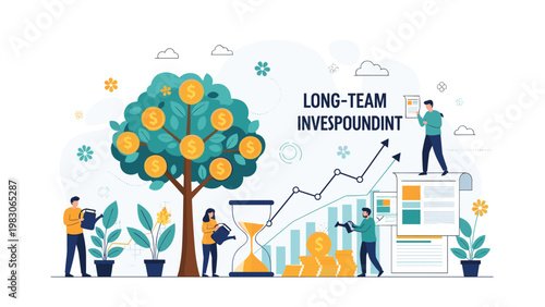 People watering a large money tree growing gold coins with a rising graph and hourglass representing the concept of successful long-term investment.