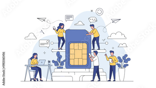 Team of professionals working together to assemble and configure a giant blue mobile SIM card representing telecommunication services.