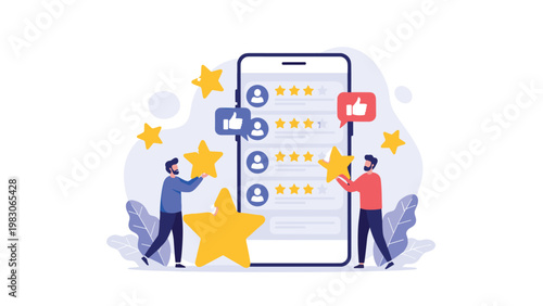 Group of users interacting with a giant smartphone to leave five-star reviews and positive feedback icons for a mobile application or service.