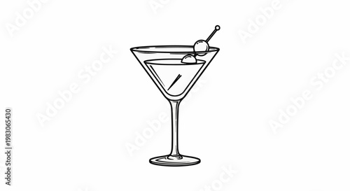 A hand-drawn illustration of a martini glass filled with clear liquid and two olives