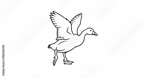 A line drawing of a duck taking flight with wings spread upwards