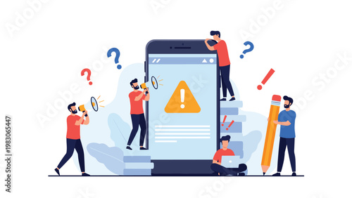 Group of people using megaphones and tools to report and fix an error message displayed on a giant smartphone with warning symbols and questions.