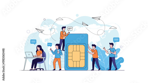 Global telecommunication concept showing people working around a large SIM card with a world map and paper planes in the background for connectivity.