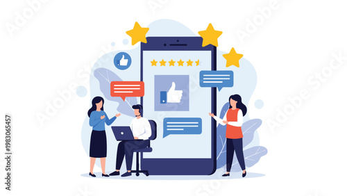 Three professionals interacting with a giant smartphone screen to analyze customer feedback, star ratings, and likes for business optimization.