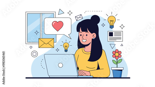 Happy young girl sitting at a desk using a laptop with various icons like hearts, light bulbs, and flowers representing creativity and social life.