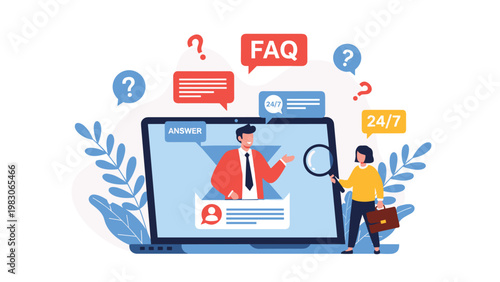 Large laptop screen displaying a male support agent with FAQ, chat bubbles, and a magnifying glass for online help and customer service assistance.