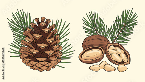 Botanical illustration of a large brown pine cone with needles beside open shells and loose pine nuts for nature or food theme backgrounds.