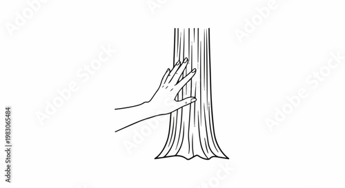A hand gently touches the textured bark of a tree trunk in this line art