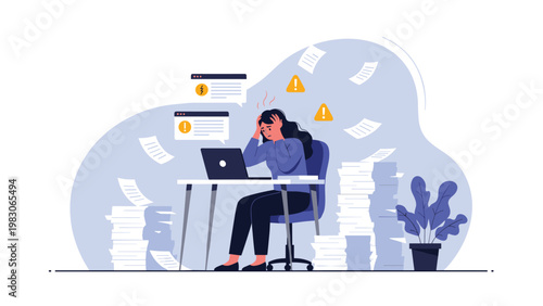 Overworked and stressed woman sitting at her desk surrounded by massive piles of paper and error warning notifications on her laptop screen.