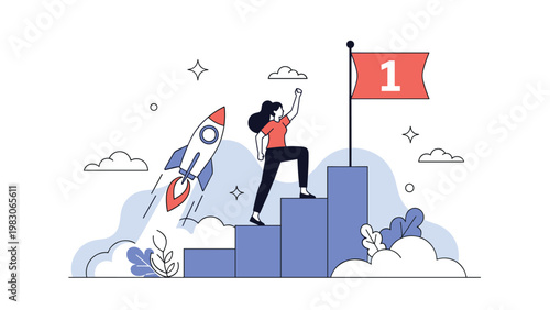 Determined businesswoman climbing steps to reach a top goal while a rocket launches in the background symbolizing high achievement and ambition.