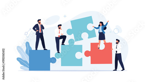 Corporate team building and problem solving concept with diverse professionals assembling large puzzle pieces to represent successful collaboration.