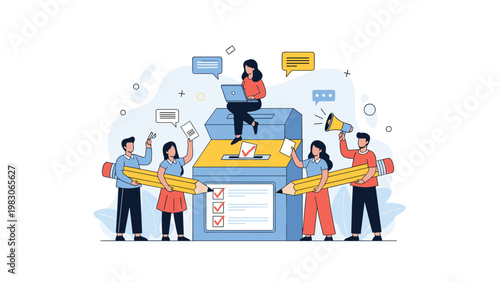 Active participation in a democratic election with citizens casting their ballots into a large box while others fill out forms using giant pencils.