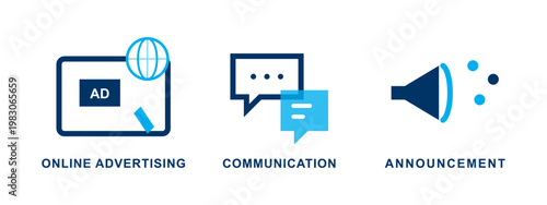 Marketing and communication icons set for online advertising and announcement.