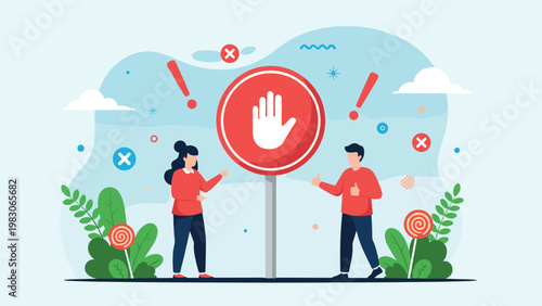 Man and woman standing beside a large stop sign with a hand icon in the center indicating caution and prohibited entry within a nature park.