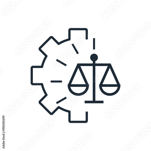 Gear and scales with rays. The mechanism of justice.Vector linear icon illustration isolated on white background.
