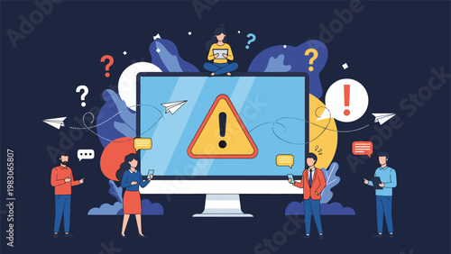 Group of concerned people gathered around a large computer monitor displaying a warning error alert representing a critical security threat.
