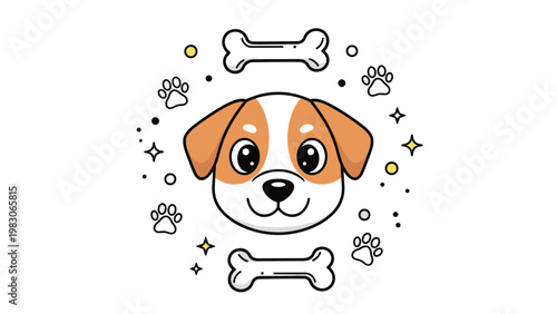 Cute cartoon dog face with a happy expression surrounded by bones, paw prints, and stars in a circular arrangement for pet related designs.