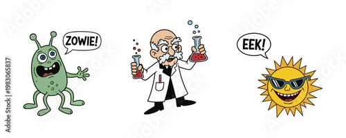 Whimsical cartoon illustrations mad scientist zombie and cool sunflower characters for creative designs