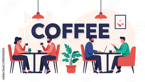 Group of diverse people enjoying their time in a modern coffee shop with comfortable seating, decorative plants, and a cozy interior design.