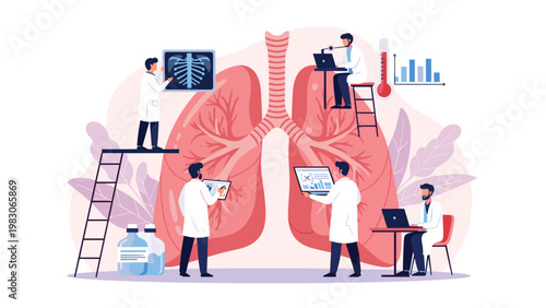 Team of medical specialists and doctors analyzing giant human lungs using advanced technologies and reports for accurate health diagnosis.