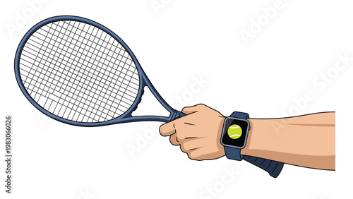 Close up of a hand holding a professional tennis racket while wearing a smartwatch that displays a tennis ball icon on its digital screen.