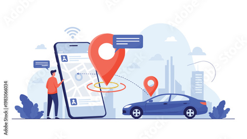 Mobile application interface showing a detailed map and car location for navigation and tracking services within a modern city environment.