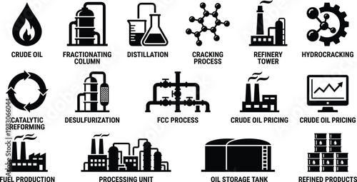 Oil refining process steps vector illustration showing crude oil to refined products flat design