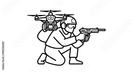 Soldier with drone and gun, tactical operations, modern warfare, surveillance technology