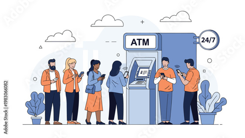 Diverse group of people standing in a queue at an ATM machine while using their smartphones for personal banking and financial transactions.