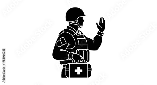 Soldier with Medical Kit and Raised Hand, First Aid, Military Medical Assistance
