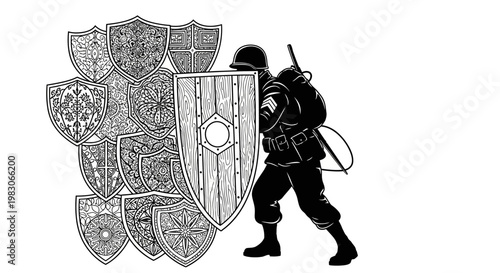 Soldier with Shield Wall, Military Defense, Protection, Strategy, Historical Combat