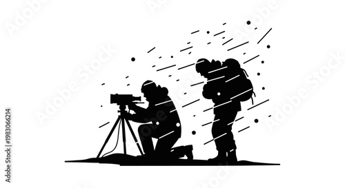 Soldiers in blizzard, one using equipment, other standing guard, silhouette, harsh weather conditions