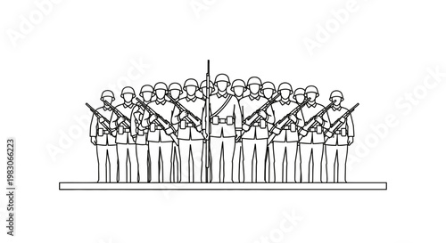 Soldiers formation, military parade, line of soldiers with rifles, historical reenactment, black and white outline