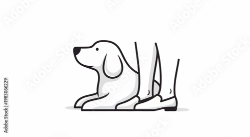 A white dog sits patiently beside a person's legs in this simple, minimalist illustration