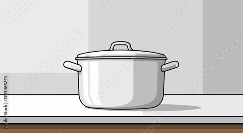 A white cooking pot with a lid and handles sits on a white surface