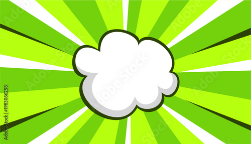 Green Comic Cloud Burst Background with Fresh Pop Art Radial Rays