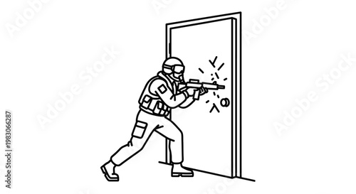 Special Forces Soldier Breaching Door with Assault Rifle
