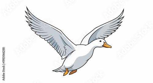 A white duck with its wings spread wide in mid-flight