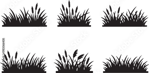 Collection of black and white silhouettes of various types of grass and reeds, perfect for natural landscapes and decorative elements in design projects