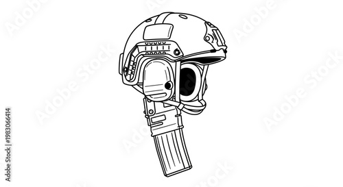 Tactical Military Helmet with Communication Headset and NVG Mount - Line Art Illustration
