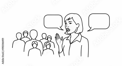 A woman speaks to a group of people with empty speech bubbles