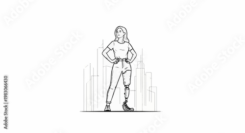 A woman with a prosthetic leg stands confidently against a city skyline