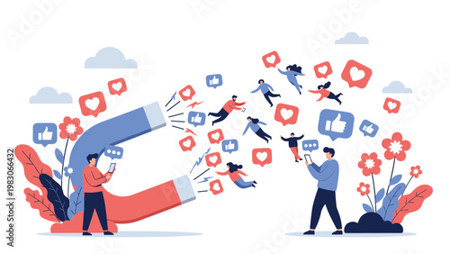 Large horseshoe magnet attracting social media likes and follows from people using smartphones symbolizing digital marketing and viral content.