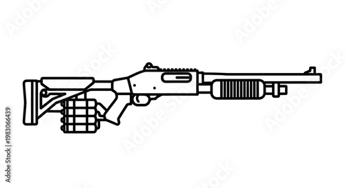 Tactical Shotgun with Drum Magazine, Outline Vector Illustration