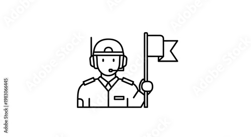 Tour Guide Holding Flag Leading Group, Tourist Guide with Headset and Flag