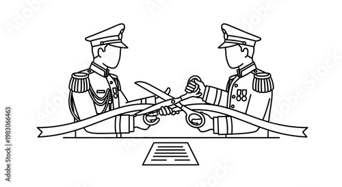 Two officers in uniform cut a ribbon with scissors at a grand opening ceremony.