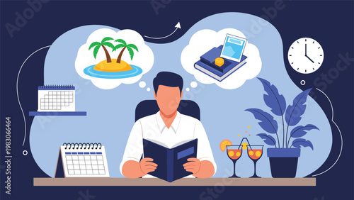 Businessman sitting at his desk daydreaming about a tropical island vacation and leisure reading instead of focusing on his work schedule.