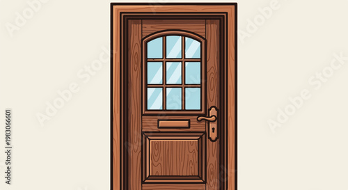 A wooden door with a glass pane and arched top